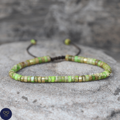 Green Grass Jasper Bead Bracelet, Adjustable 2x4mm Natural Stone Beads, Dainty Bracelet, Tibetan bracelet, Friendship, Boho style, Yoga - LND Bands
