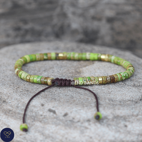 Green Grass Jasper Bead Bracelet, Adjustable 2x4mm Natural Stone Beads, Dainty Bracelet, Tibetan bracelet, Friendship, Boho style, Yoga - LND Bands