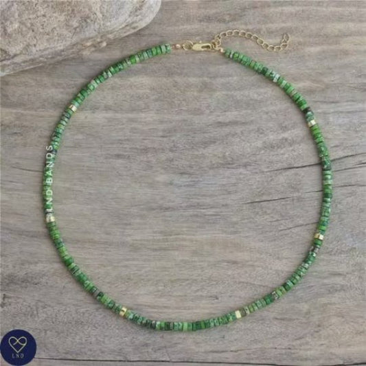 Green Grass Jasper Bead Necklace, Adjustable 2x4mm Natural Stone Beads, Dainty Necklace, Tibetan Necklace, Friendship, Boho style, Yoga - LND Bands