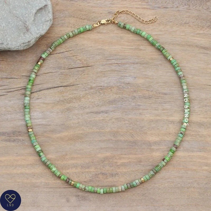 Green Grass Jasper Bead Necklace, Adjustable 2x4mm Natural Stone Beads, Dainty Necklace, Tibetan Necklace, Friendship, Boho style, Yoga - LND Bands