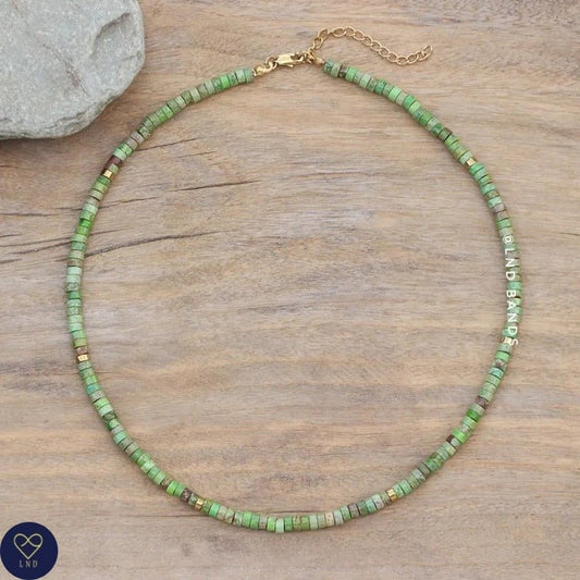 Green Grass Jasper Bead Necklace, Adjustable 2x4mm Natural Stone Beads, Dainty Necklace, Tibetan Necklace, Friendship, Boho style, Yoga - LND Bands