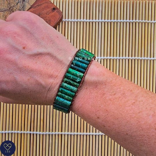 Green Jasper Tube Leather Wrap Bracelet, Tibetan Bracelet, Adjustable Bracelet, Yoga, Ethnic, Bohemian Leather - LND Bands