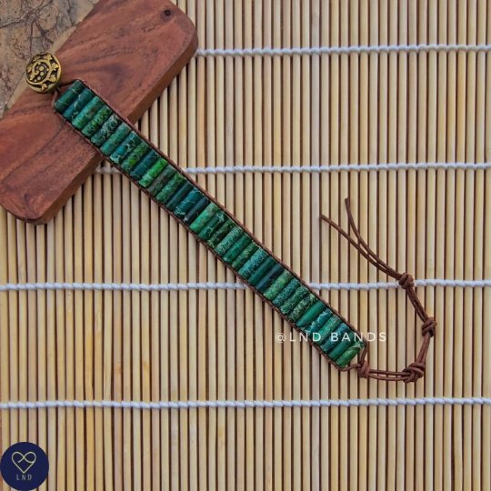 Green Jasper Tube Leather Wrap Bracelet, Tibetan Bracelet, Adjustable Bracelet, Yoga, Ethnic, Bohemian Leather - LND Bands