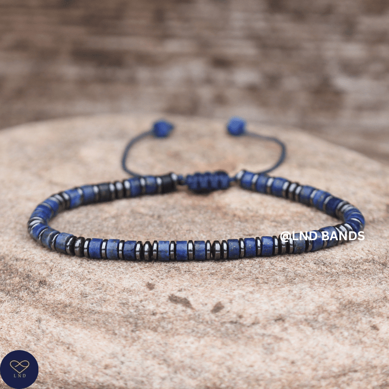 Hematite Lapis Lazuli Bead Bracelet 2x4mm Adjustable Minimalist Yoga Boho Ethnic, Tibetan, September Birthstone - LND Bands