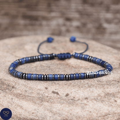 Hematite Lapis Lazuli Bead Bracelet 2x4mm Adjustable Minimalist Yoga Boho Ethnic, Tibetan, September Birthstone - LND Bands