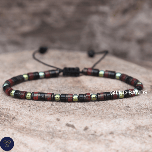 Hematite, Onyx, Brecciated Jasper 2x4mm Bead Bracelet: Yoga, Adjustable, Ethnic, Boho, elegant, focus, clarity - LND Bands
