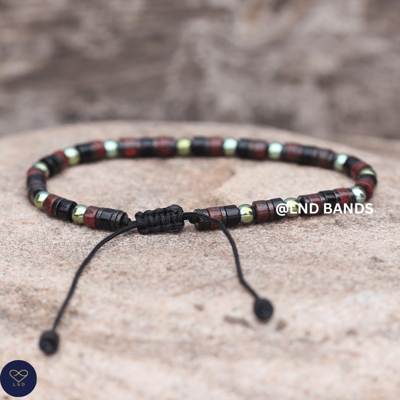 Hematite, Onyx, Brecciated Jasper 2x4mm Bead Bracelet: Yoga, Adjustable, Ethnic, Boho, elegant, focus, clarity - LND Bands