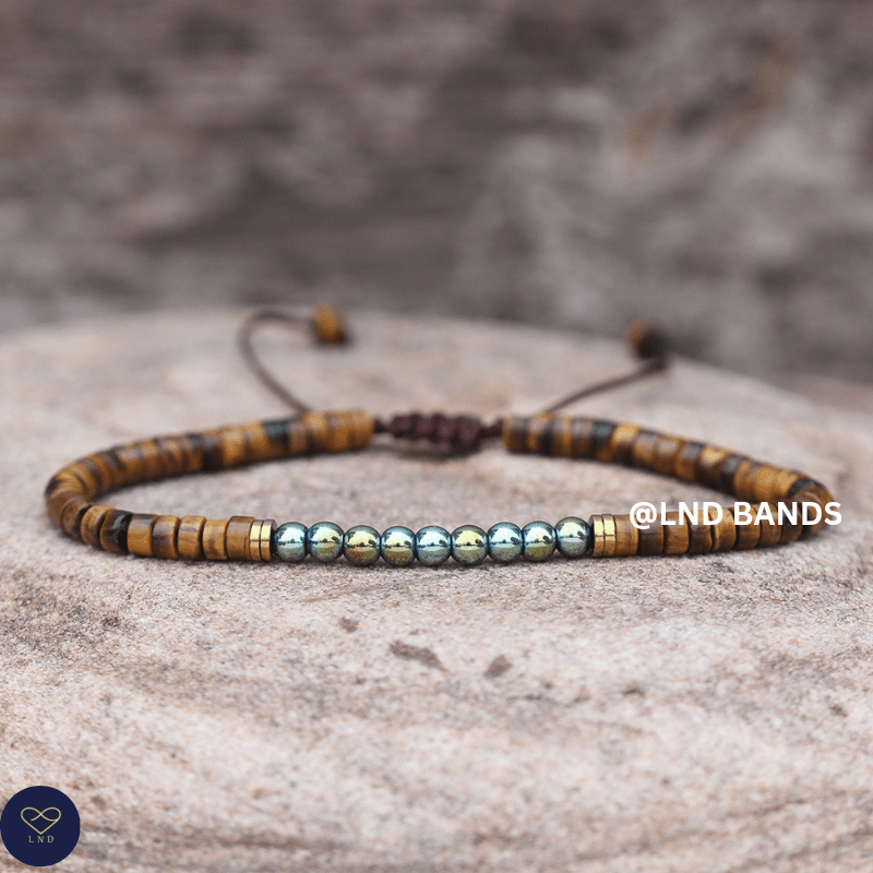 Hematite Tiger Eye Bead Bracelet - Adjustable Tibetan Minimalist Yoga, Boho Gift for him for her elegant ethnic courage growth - LND Bands