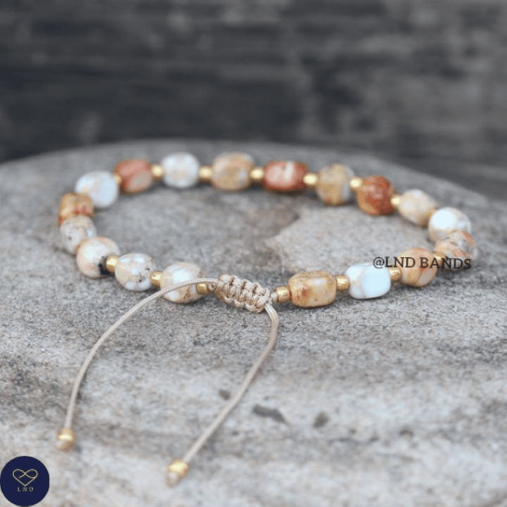Ivory Jasper new shape Bead Bracelet, Adjustable Minimalist Bracelet, Natural Stone Bracelet, Dainty Bracelet, Tibetan Gemstone, 4mm, Boho - LND Bands