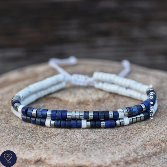 Lapis Lazuli Howlite Bracelet, Adjustable 2x4mm Bracelet, Tibetan Yoga Ethnic Boho Minimalist Gemstone Bracelet, Gift for him, positive calm - LND Bands