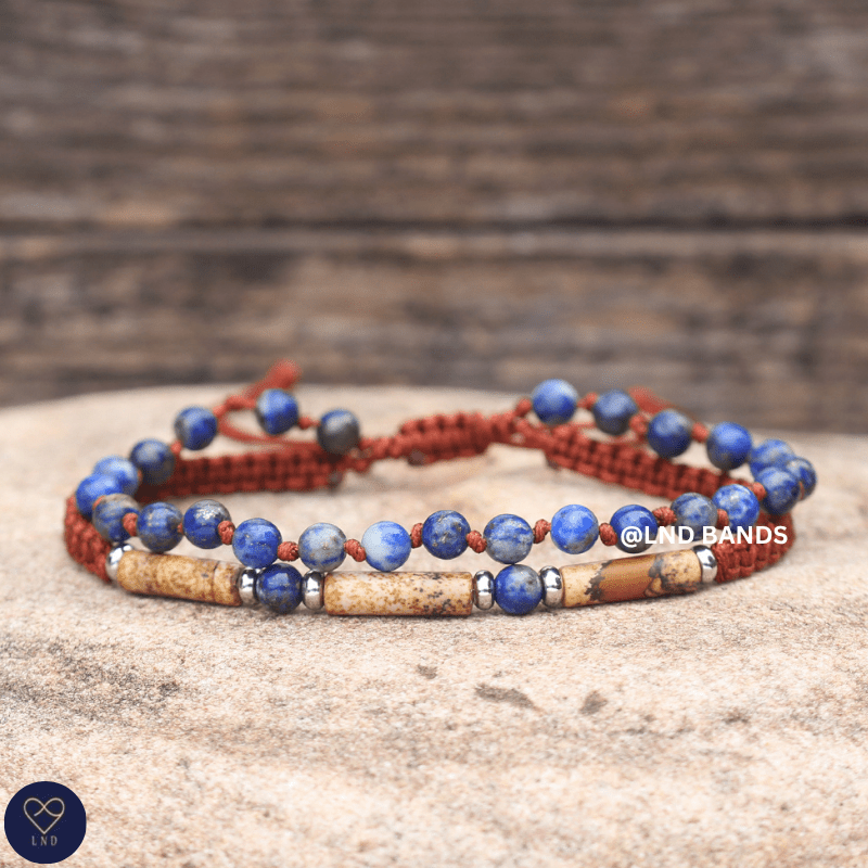 Lapis Lazuli Picture Jasper Double Bracelet 4mm, Tibetan Adjustable, Yoga, Minimalist, Gift for him - LND Bands