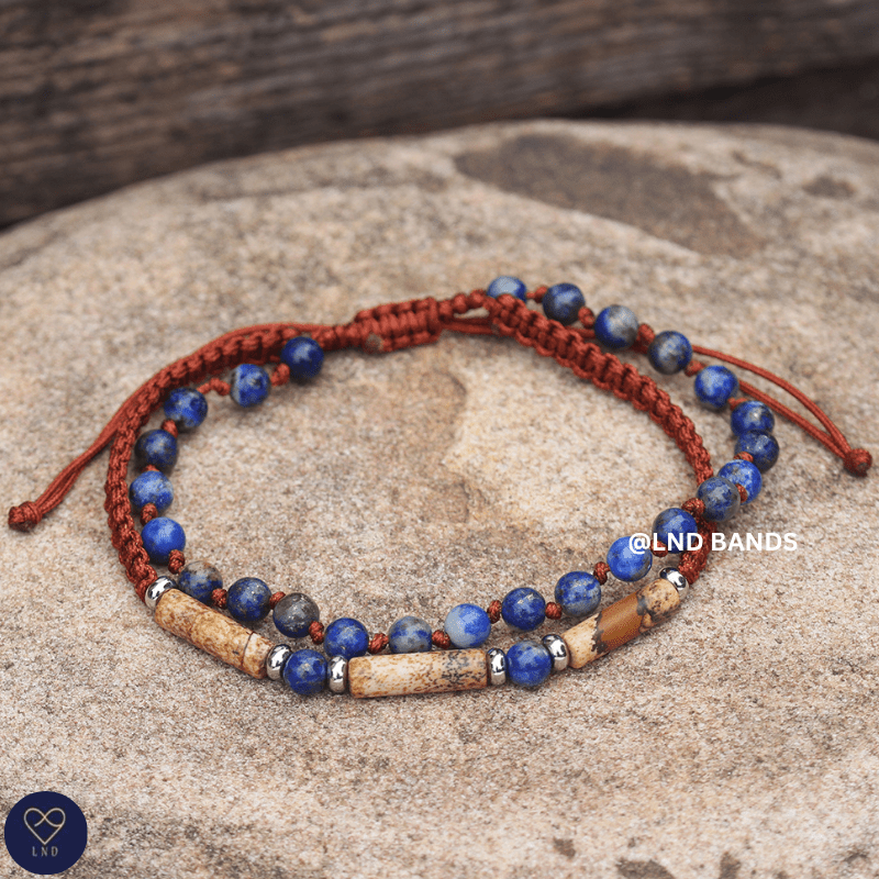 Lapis Lazuli Picture Jasper Double Bracelet 4mm, Tibetan Adjustable, Yoga, Minimalist, Gift for him - LND Bands