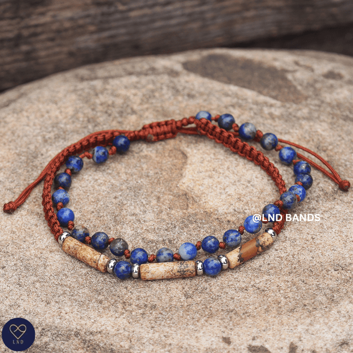 Lapis Lazuli Picture Jasper Double Bracelet 4mm, Tibetan Adjustable, Yoga, Minimalist, Gift for him - LND Bands