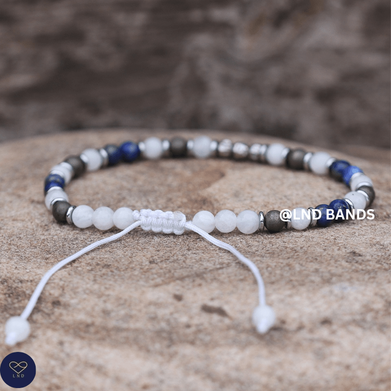 Lapis Lazuli & Pyrite White Moonstone : Gemstone, Adjustable, Bohemian Tibetan Bracelet, Yoga, Meditation, prosperity, abundance - LND Bands