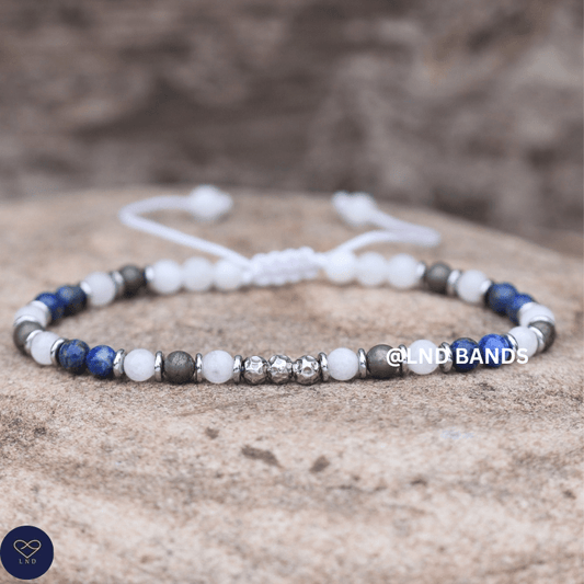 Lapis Lazuli & Pyrite White Moonstone : Gemstone, Adjustable, Bohemian Tibetan Bracelet, Yoga, Meditation, prosperity, abundance - LND Bands