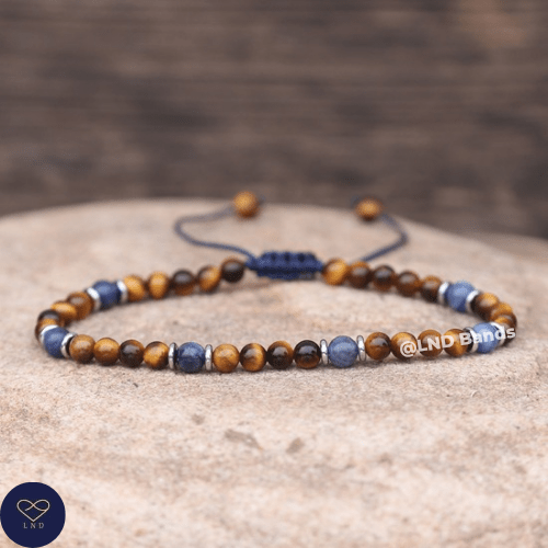 Lapis Lazuli Tiger Eye Bracelet 4mm round beads, Adjustable Tibetan Minimalist Gemstone Bracelet, Yoga Ethno Boho, Gift for him, strength - LND Bands