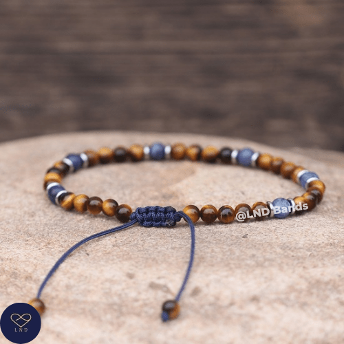 Lapis Lazuli Tiger Eye Bracelet 4mm round beads, Adjustable Tibetan Minimalist Gemstone Bracelet, Yoga Ethno Boho, Gift for him, strength - LND Bands