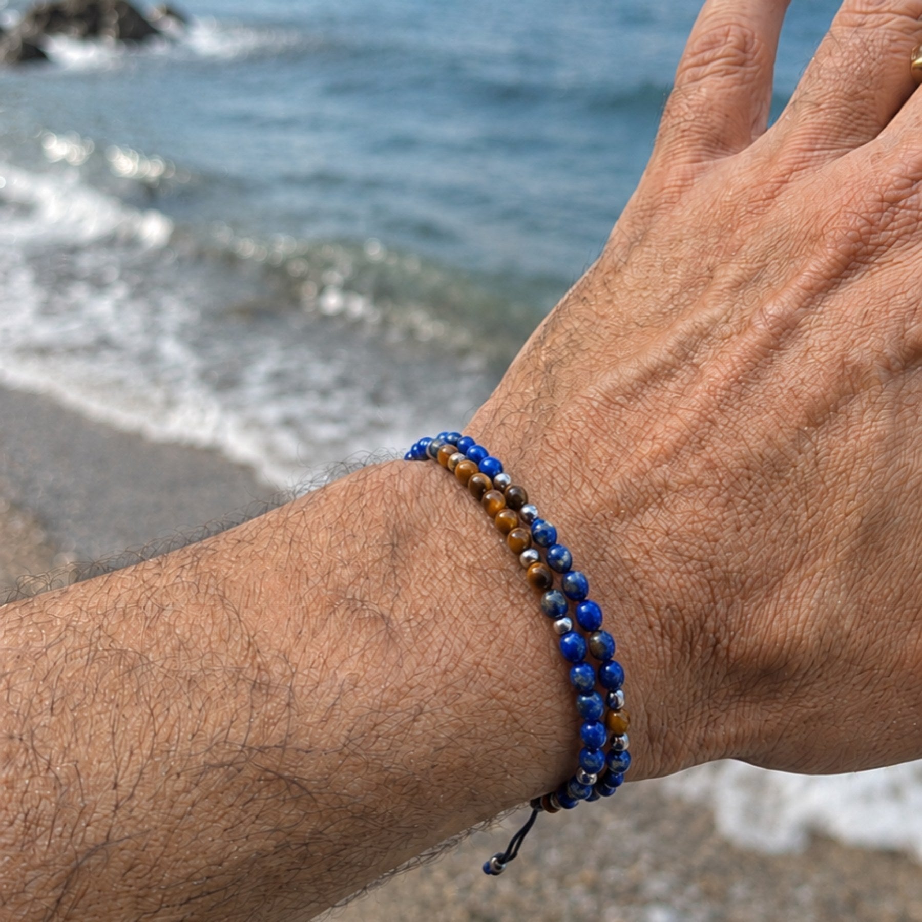 Lapis Lazuli Tiger Eye double bracelet 4mm, Tibetan Adjustable, Yoga, Minimalist, Gift for him - LND Bands