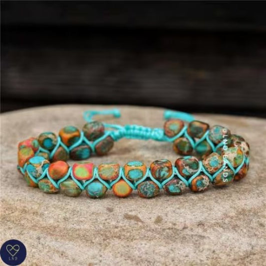 Macrame Multi coloured Imperial Jasper Bracelet, Adjustable bracelet, Natural Stone, Tibetan bracelet, Yoga, Boho, Ethnic, birthday gift - LND Bands