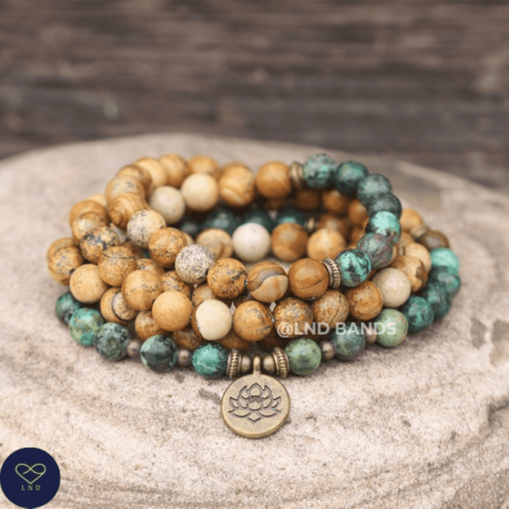 Mala Prayer 108 Beads African Turquoise Picture Jasper Bracelet Necklace, Yoga Meditation Spiritual Bracelet, Ethnic, Unisex gift, balance - LND Bands