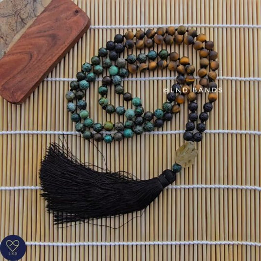 Mala Prayer Tassel Necklace, Tiger Eye Necklace, African Turquoise , Lava Stone, Yoga Necklace, Meditation, Energy Protection Healing - LND Bands