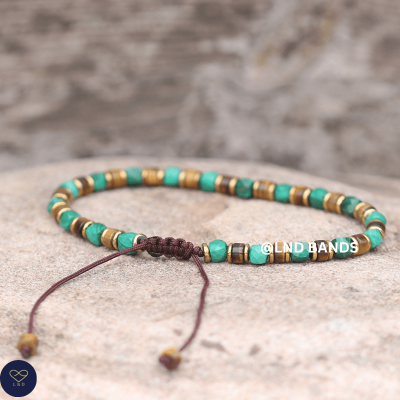 Malachite Tiger Eye 2x4mm Beaded Bracelet: Yoga, Adjustable, Tibetan, Natural Stone, Boho, Ethnic, birthday - LND Bands