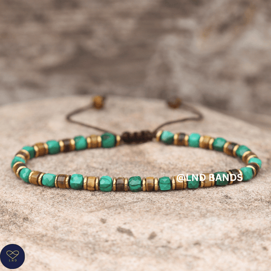 Malachite Tiger Eye 2x4mm Beaded Bracelet: Yoga, Adjustable, Tibetan, Natural Stone, Boho, Ethnic, birthday - LND Bands