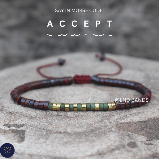 Morse Code ACCEPT beaded bracelet: Adjustable beaded 2x4mm, Inspiration Motivation Encouragement Affirmation uplift hidden message - LND Bands