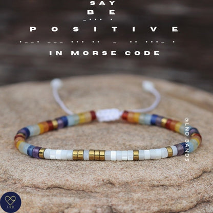 Morse code BE POSITIVE, 7 Chakra Mother Of Pearl beads, Adjustable Motivational Bracelet, meaningful Inspirational Bracelet Meditation Yoga - LND Bands