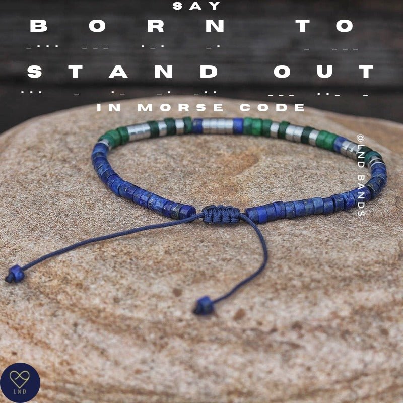 Morse code BORN TO STAND OUT Lapis Lazuli gemstone bracelet, Adjustable Bracelet, Autism Awareness, Encouraging - LND Bands