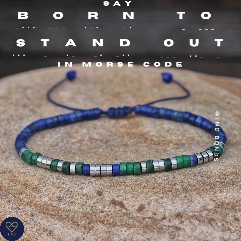 Morse code BORN TO STAND OUT Lapis Lazuli gemstone bracelet, Adjustable Bracelet, Autism Awareness, Encouraging - LND Bands