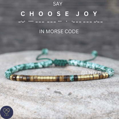 Morse code CHOOSE JOY Green Spot jasper Tiger eye Adjustable Affirmation Bracelet, motivational encouraging meaningful, inspirational - LND Bands