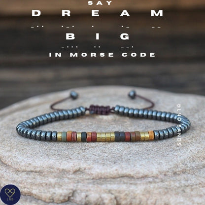 Morse code DREAM BIG Grey Hematite Picasso Jasper Bracelet, Adjustable Affirmation Bracelet, motivational - LND Bands