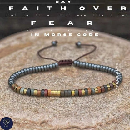 Morse code FAITH OVER FEAR Picasso Jasper Grey Hematite Bracelet, Adjustable Affirmation Bracelet, motivational - LND Bands