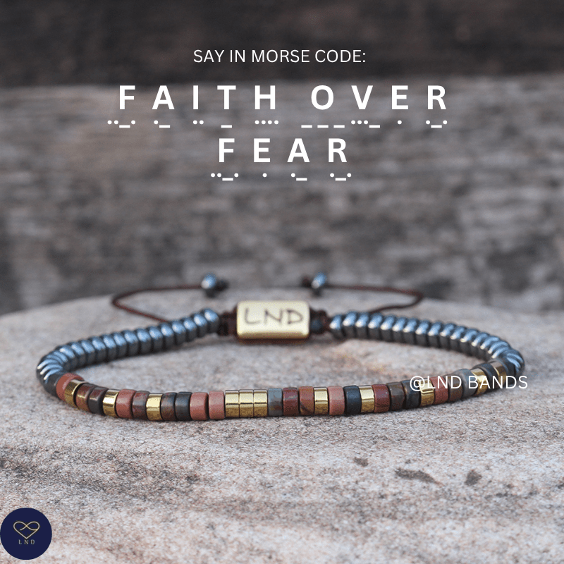 Morse code FAITH OVER FEAR Picasso Jasper Grey Hematite Bracelet, Adjustable Affirmation Bracelet, motivational encouraging courage bracelet - LND Bands