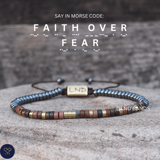Morse code FAITH OVER FEAR Picasso Jasper Grey Hematite Bracelet, Adjustable Affirmation Bracelet, motivational encouraging courage bracelet - LND Bands