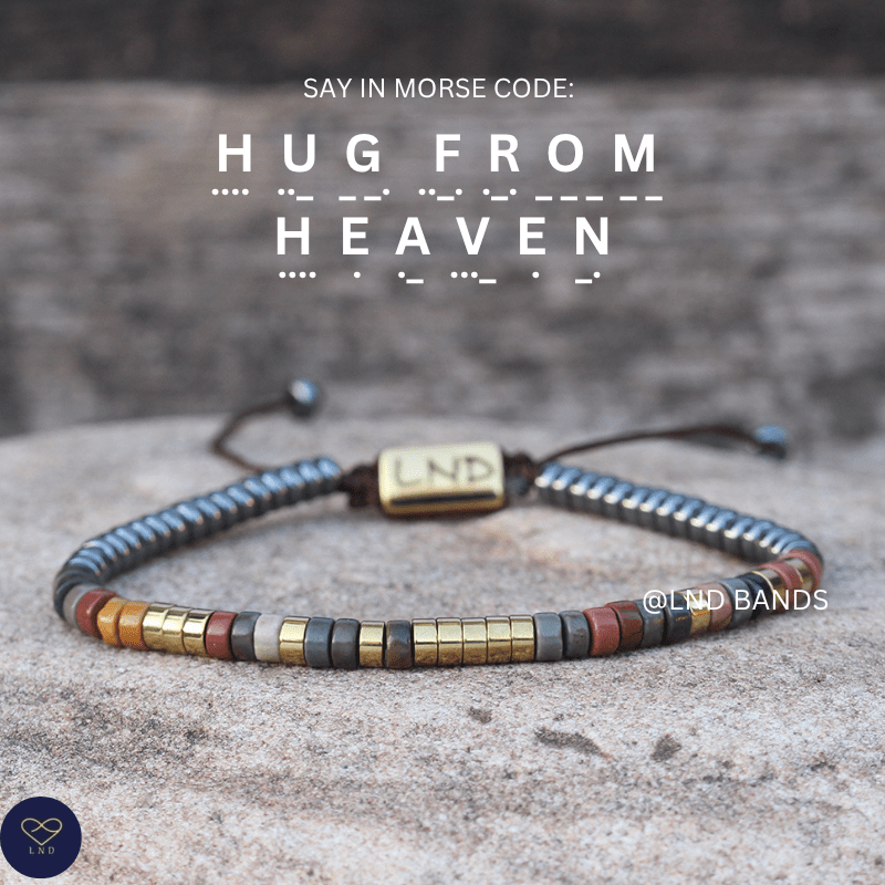 Morse code HUG FROM HEAVEN Grey Hematite Picasso Jasper Adjustable Memorial Bracelet, meaningful sympathy bracelet, loss of loved one - LND Bands