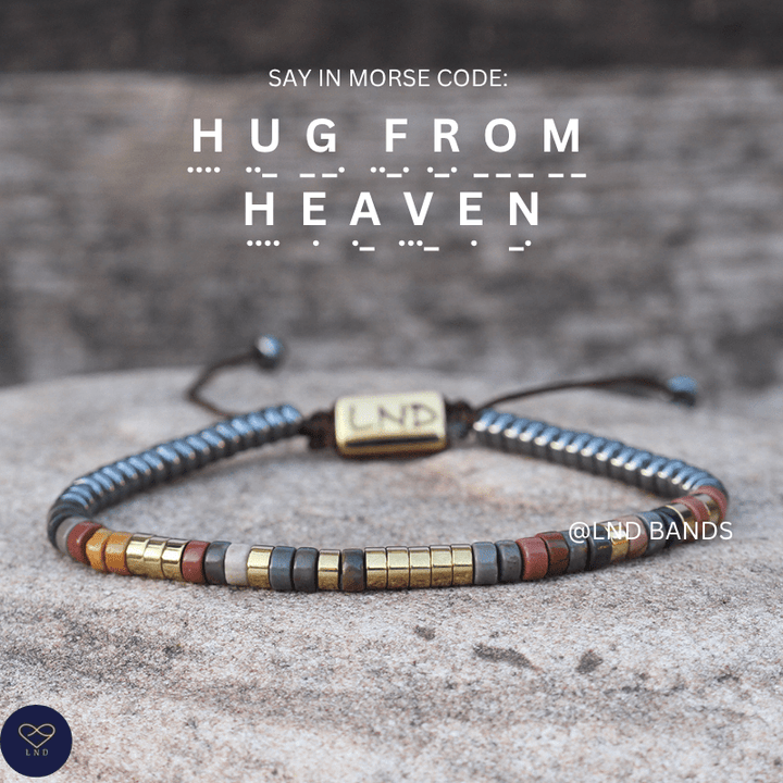 Morse code HUG FROM HEAVEN Grey Hematite Picasso Jasper Adjustable Memorial Bracelet, meaningful sympathy bracelet, loss of loved one - LND Bands