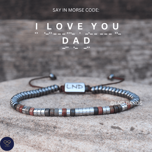Morse code I LOVE You Dad Grey Hematite Picasso Jasper Adjustable Bohemian Ethnic Bracelet, gift for Dad, Father's day, distance love gift - LND Bands