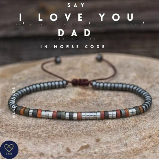 Morse code I Love You Dad Hematite Picasso Jasper Bracelet, Adjustable Bohemian Ethnic Bracelet, gift for Dad, Father's day, distance gift - LND Bands