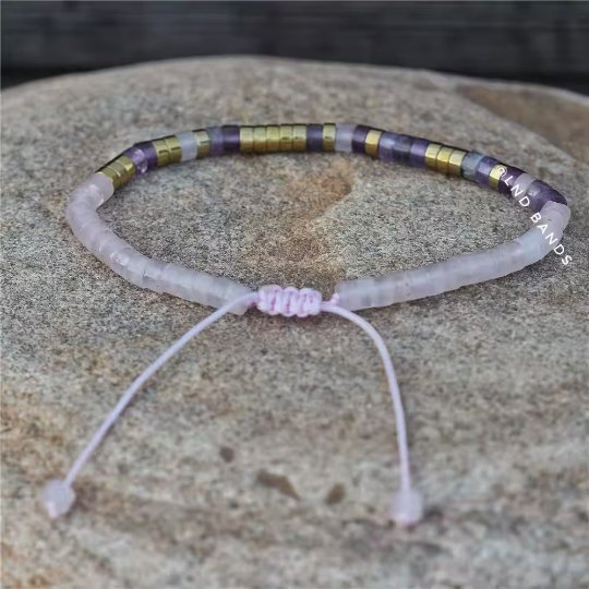 Morse code I LOVE YOU MUM Rose Quartz Dark Amethyst Adjustable Bracelet, Gift for Mum, Love, Birthday Gift ,  - LND Bands