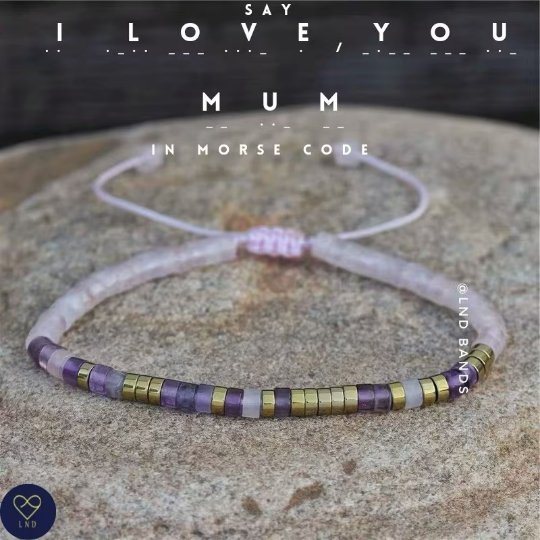 Morse code I LOVE YOU MUM Rose Quartz Dark Amethyst Adjustable Bracelet, Gift for Mum, Love, Birthday Gift ,  - LND Bands