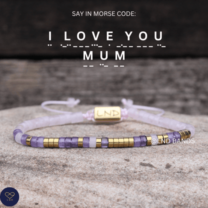 Morse code I LOVE YOU MUM Rose Quartz Dark Amethyst Adjustable Bracelet, Mother's Day Gift, Love, secret message, Birthday Gift , Anniversary - LND Bands