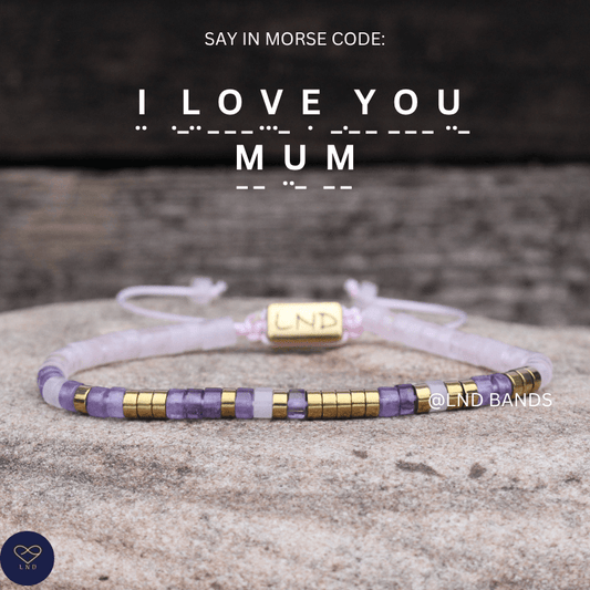 Morse code I LOVE YOU MUM Rose Quartz Dark Amethyst Adjustable Bracelet, Mother's Day Gift, Love, secret message, Birthday Gift , Anniversary - LND Bands