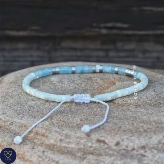 Morse code JUST BREATHE Aquamarine Mother of Pearl Hematite Yoga Motivation Meditation Adjustable Bracelet, Anxiety relief, Relax Calm - LND Bands