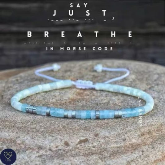 Morse code JUST BREATHE Aquamarine Mother of Pearl Hematite Yoga Motivation Meditation Adjustable Bracelet, Anxiety relief, Relax Calm - LND Bands