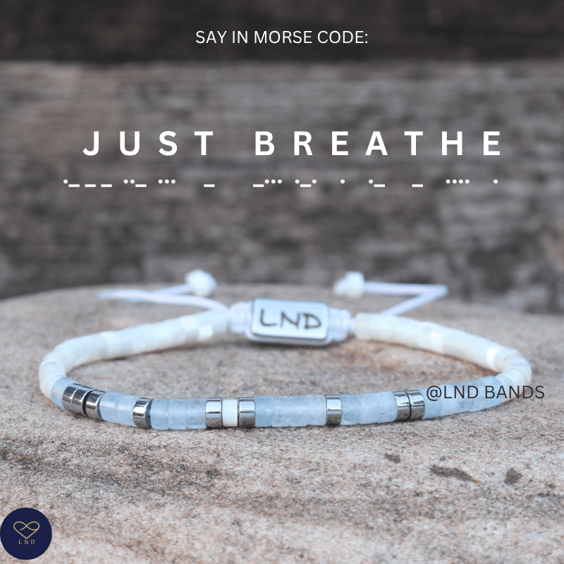 Morse code JUST BREATHE Aquamarine Mother of Pearl Yoga Motivation Meditation Adjustable Bracelet, Relax Calm - LND Bands