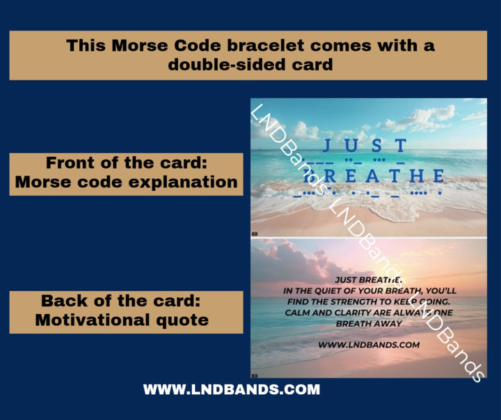 Morse code JUST BREATHE Aquamarine Mother of Pearl Yoga Motivation Meditation Adjustable Bracelet, Relax Calm - LND Bands