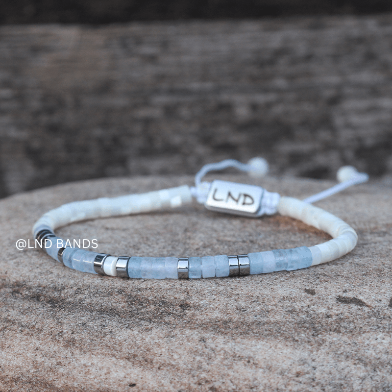 Morse code JUST BREATHE Aquamarine Mother of Pearl Yoga Motivation Meditation Adjustable Bracelet, Relax Calm - LND Bands