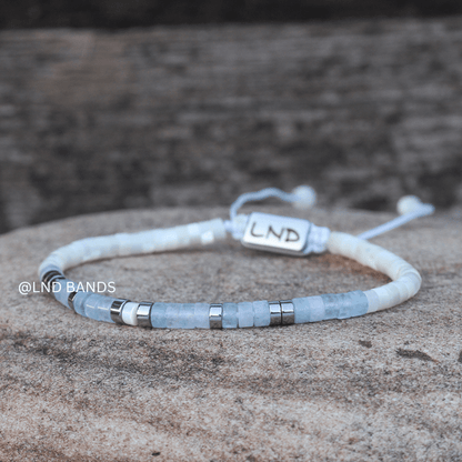 Morse code JUST BREATHE Aquamarine Mother of Pearl Yoga Motivation Meditation Adjustable Bracelet, Relax Calm - LND Bands